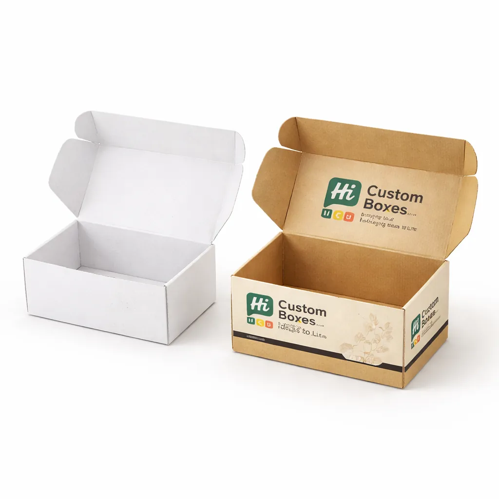 A plain white and a branded brown cardboard bread box, both shown open to display interior space. class=